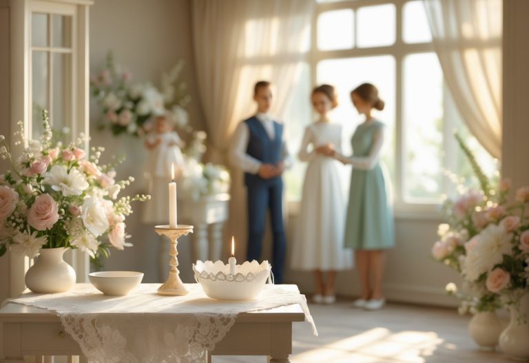 Ambiente acolhedor de uma casa preparado para um batizado, com mesa decorada e família reunida em clima tranquilo e amoroso.