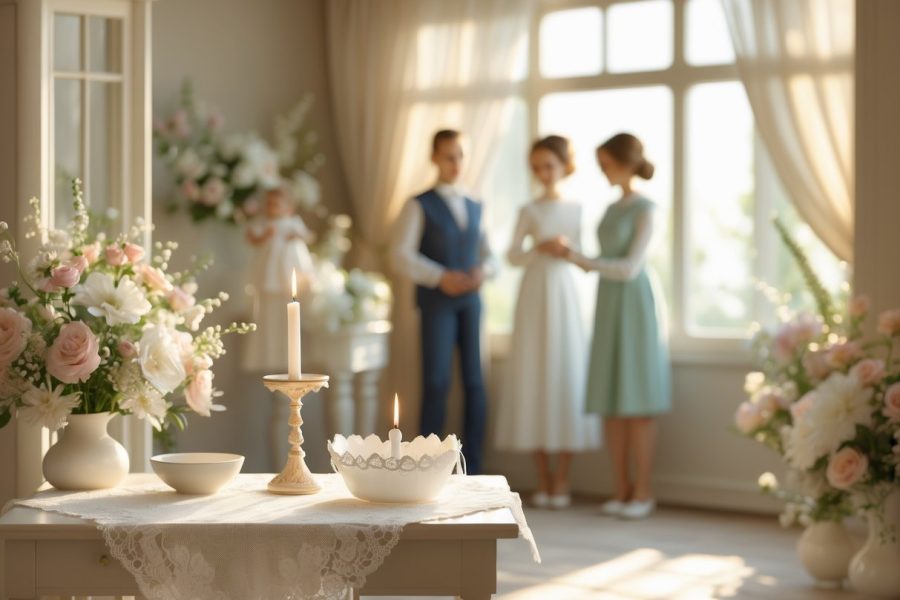 Ambiente acolhedor de uma casa preparado para um batizado, com mesa decorada e família reunida em clima tranquilo e amoroso.