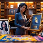 Uma mulher elegante em uma sala luxuosa com objetos relacionados a Selena Quintanilla, tocando uma foto dela com expressão serena.