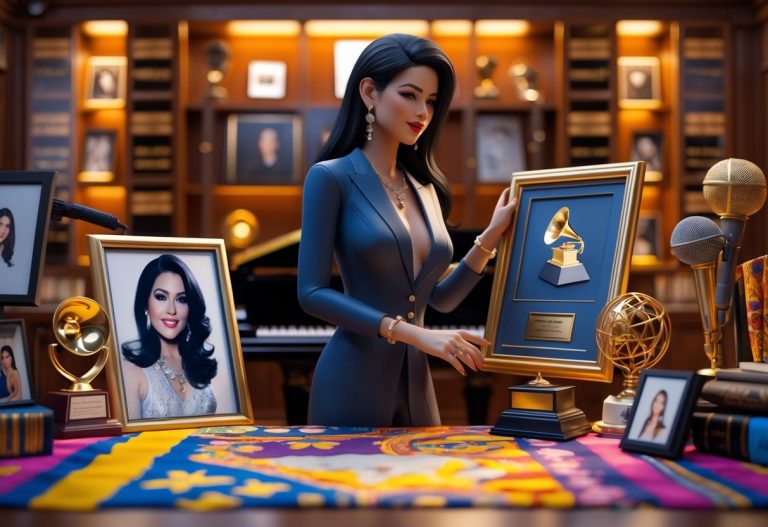 Uma mulher elegante em uma sala luxuosa com objetos relacionados a Selena Quintanilla, tocando uma foto dela com expressão serena.