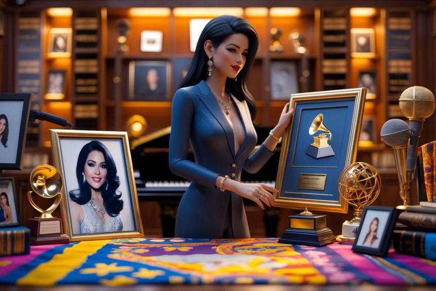 Uma mulher elegante em uma sala luxuosa com objetos relacionados a Selena Quintanilla, tocando uma foto dela com expressão serena.