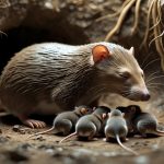 Uma toupeira mãe amamentando seus filhotes pequenos dentro de um túnel subterrâneo.