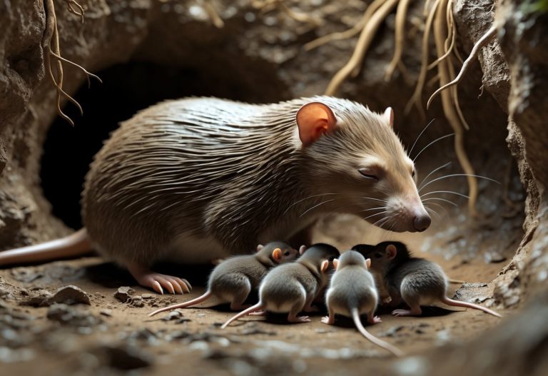 Uma toupeira mãe amamentando seus filhotes pequenos dentro de um túnel subterrâneo.