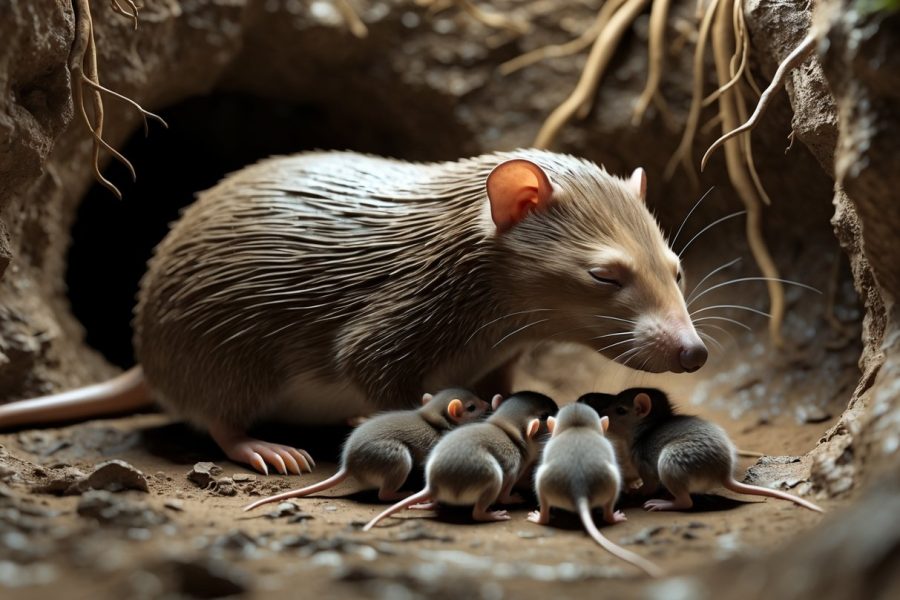 Uma toupeira mãe amamentando seus filhotes pequenos dentro de um túnel subterrâneo.