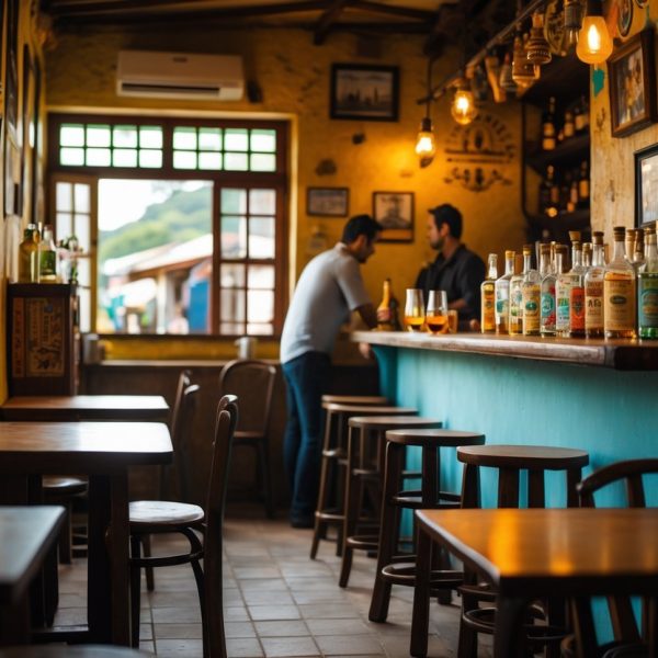 Interior de um botequim pequeno e modesto com mesas de madeira, balcão com bebidas e um atendente ao fundo.