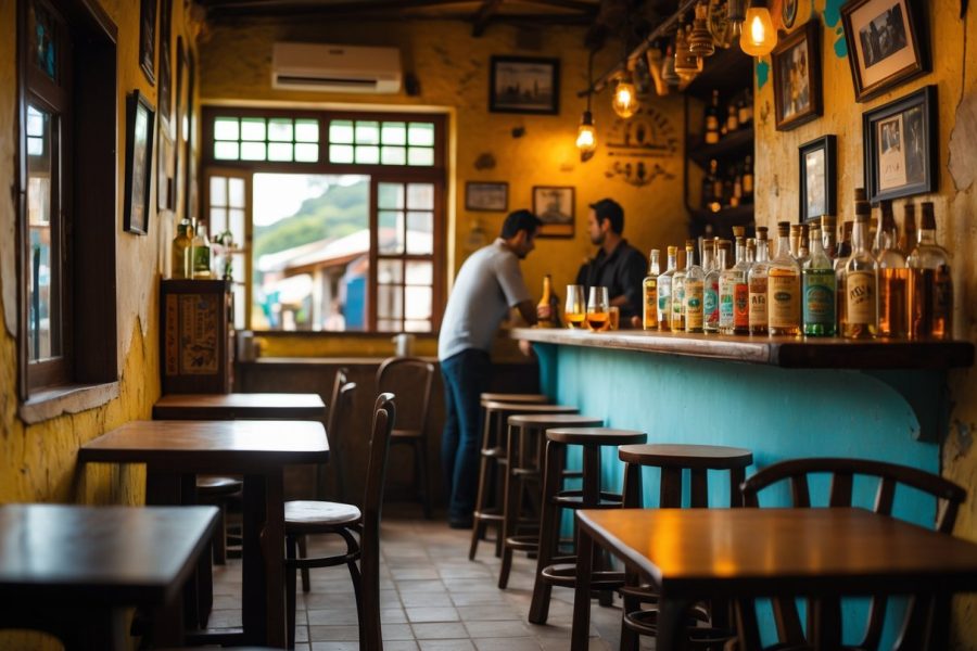 Interior de um botequim pequeno e modesto com mesas de madeira, balcão com bebidas e um atendente ao fundo.