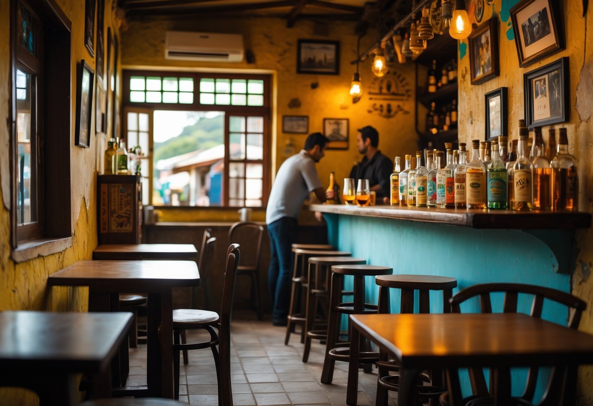 Interior de um botequim pequeno e modesto com mesas de madeira, balcão com bebidas e um atendente ao fundo.