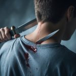 Pessoa vista de costas com uma faca cravada nas costas, expressando surpresa e dor.