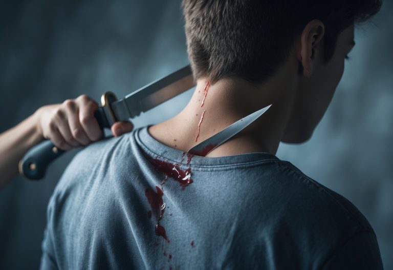 Pessoa vista de costas com uma faca cravada nas costas, expressando surpresa e dor.