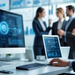 Ambiente de escritório moderno com profissionais trabalhando e uma tela de computador mostrando diagramas de rede e conexões digitais.