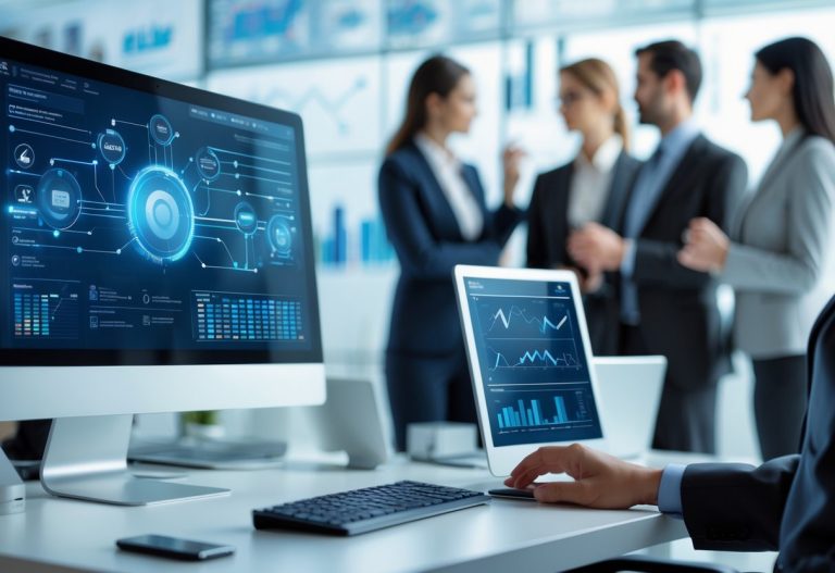 Ambiente de escritório moderno com profissionais trabalhando e uma tela de computador mostrando diagramas de rede e conexões digitais.