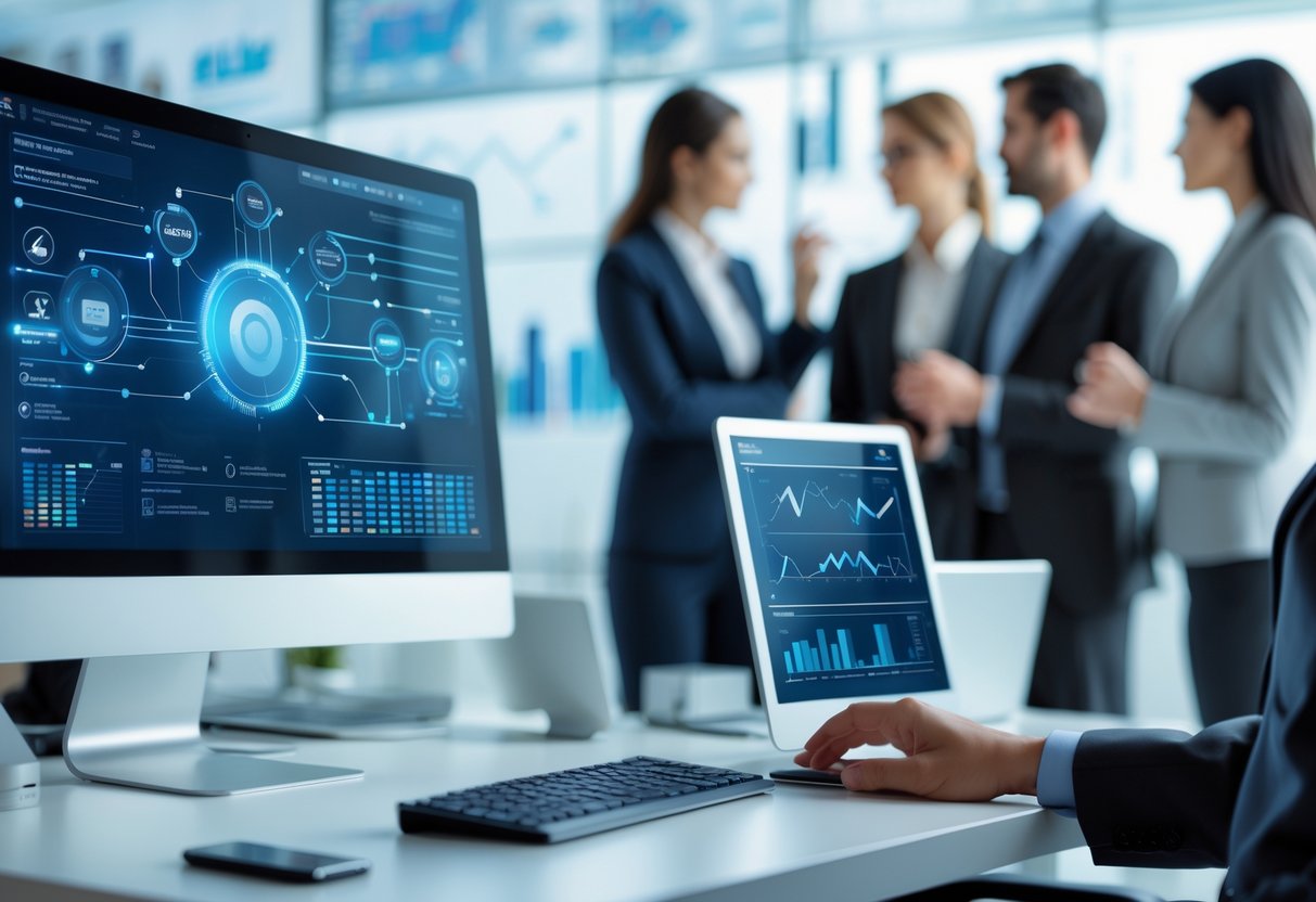Ambiente de escritório moderno com profissionais trabalhando e uma tela de computador mostrando diagramas de rede e conexões digitais.