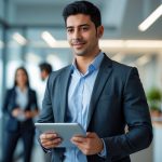 Homem jovem latino em ambiente de escritório moderno segurando um tablet, com expressão confiante.