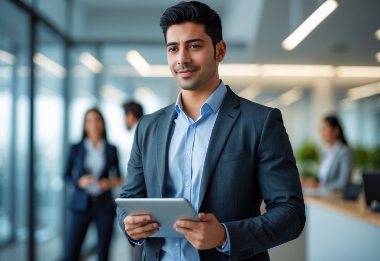 Homem jovem latino em ambiente de escritório moderno segurando um tablet, com expressão confiante.