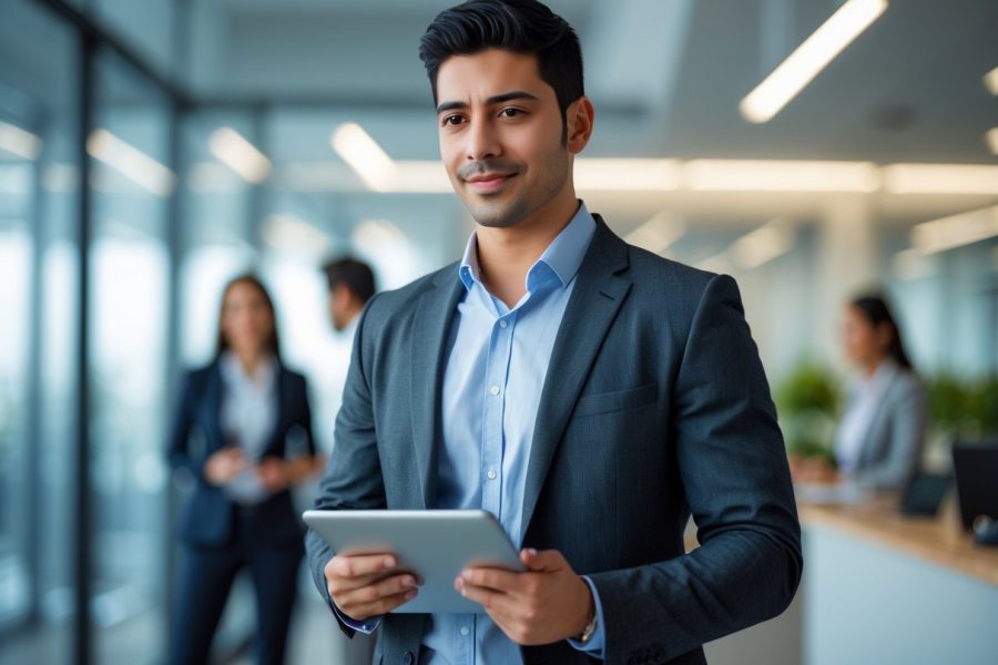 Homem jovem latino em ambiente de escritório moderno segurando um tablet, com expressão confiante.