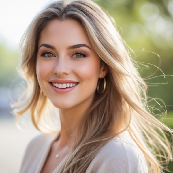 Jovem mulher sorrindo, com cabelos castanhos claros e ambiente ao ar livre ao fundo.