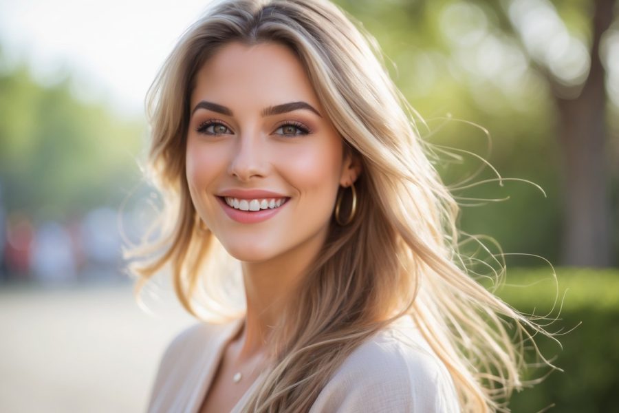 Jovem mulher sorrindo, com cabelos castanhos claros e ambiente ao ar livre ao fundo.