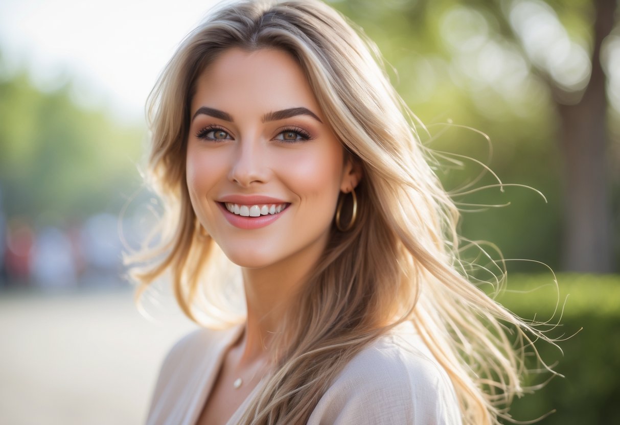 Jovem mulher sorrindo, com cabelos castanhos claros e ambiente ao ar livre ao fundo.