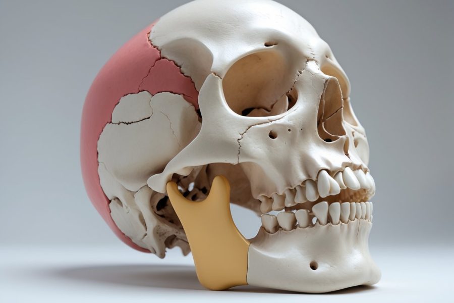 Ilustração detalhada do crânio humano destacando o osso zigomático do rosto.