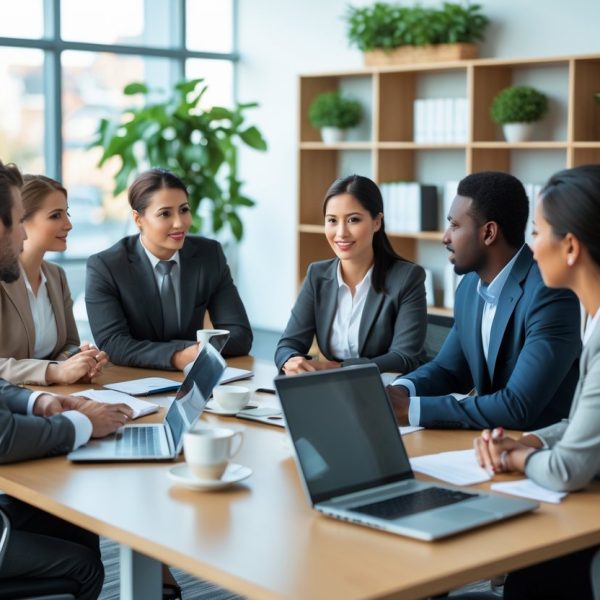 Grupo de profissionais em reunião de trabalho em uma sala de escritório moderna.