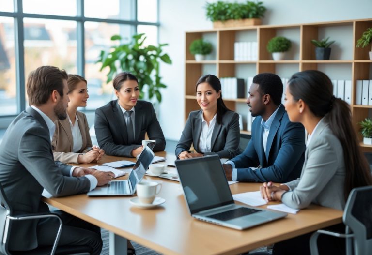 Grupo de profissionais em reunião de trabalho em uma sala de escritório moderna.