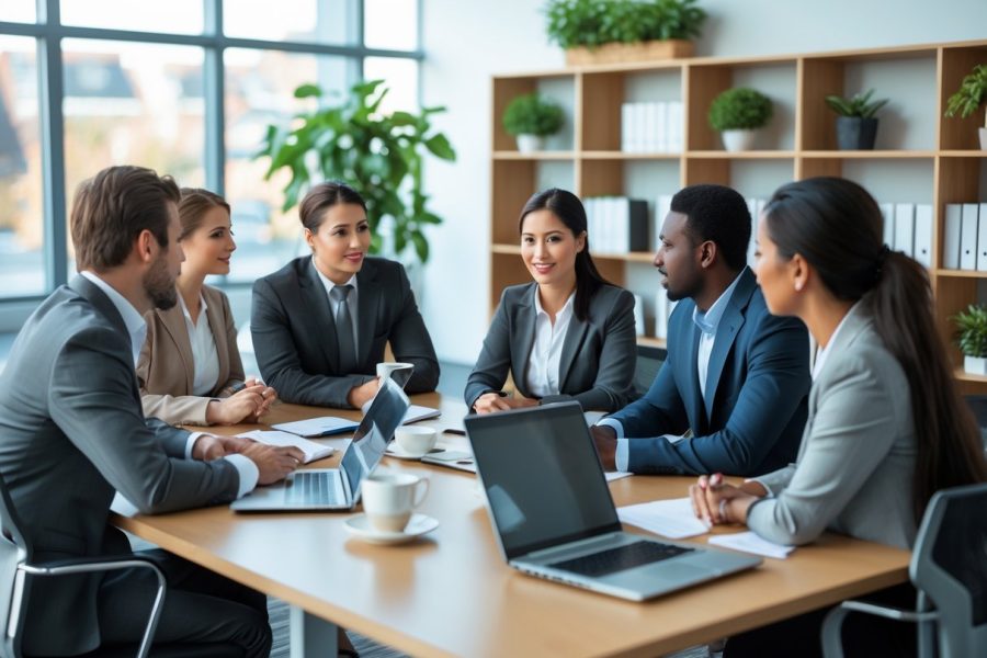 Grupo de profissionais em reunião de trabalho em uma sala de escritório moderna.