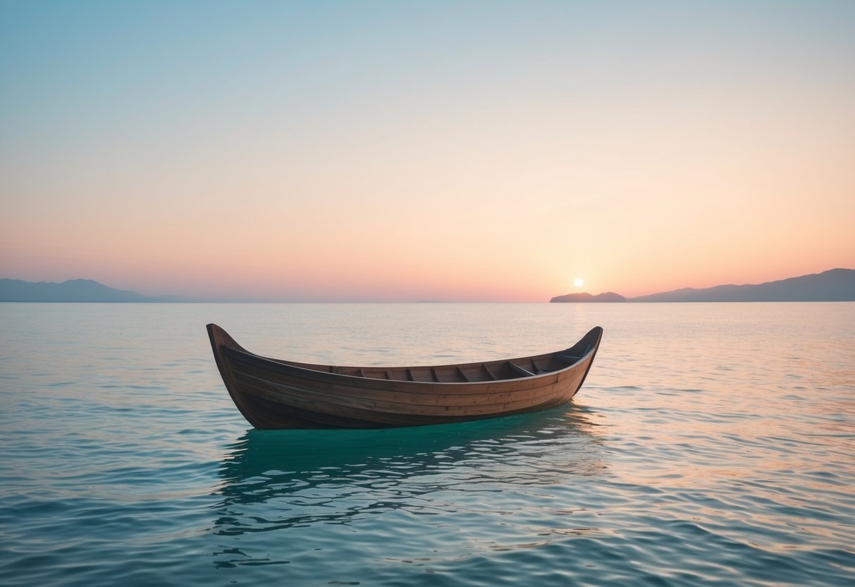Um barco de madeira flutuando calmamente em um mar tranquilo ao amanhecer, com céu iluminado por tons dourados e rosados e montanhas ao fundo.