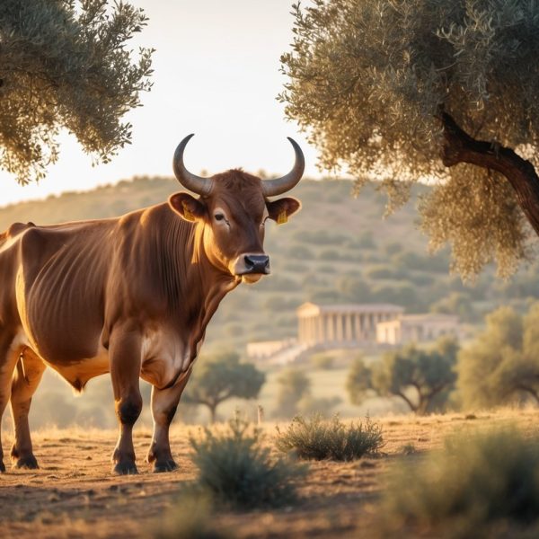 Um boi majestoso em um campo tranquilo com árvores e colinas ao fundo, sob uma luz suave do amanhecer ou entardecer.