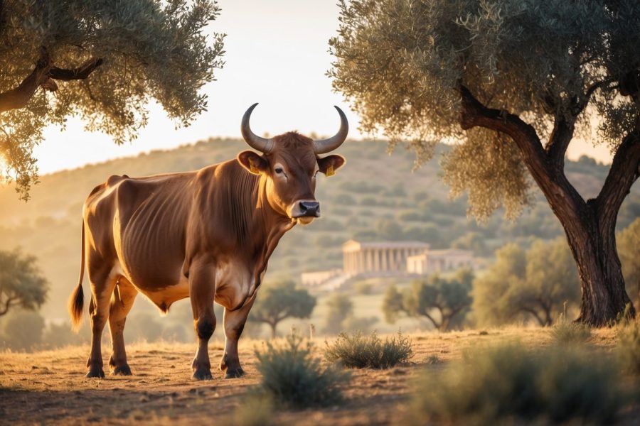 Um boi majestoso em um campo tranquilo com árvores e colinas ao fundo, sob uma luz suave do amanhecer ou entardecer.