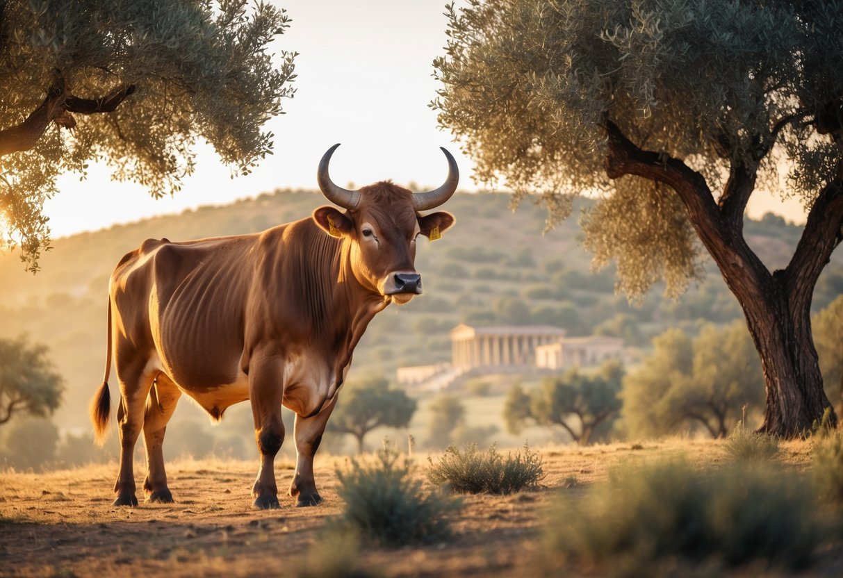 Um boi majestoso em um campo tranquilo com árvores e colinas ao fundo, sob uma luz suave do amanhecer ou entardecer.