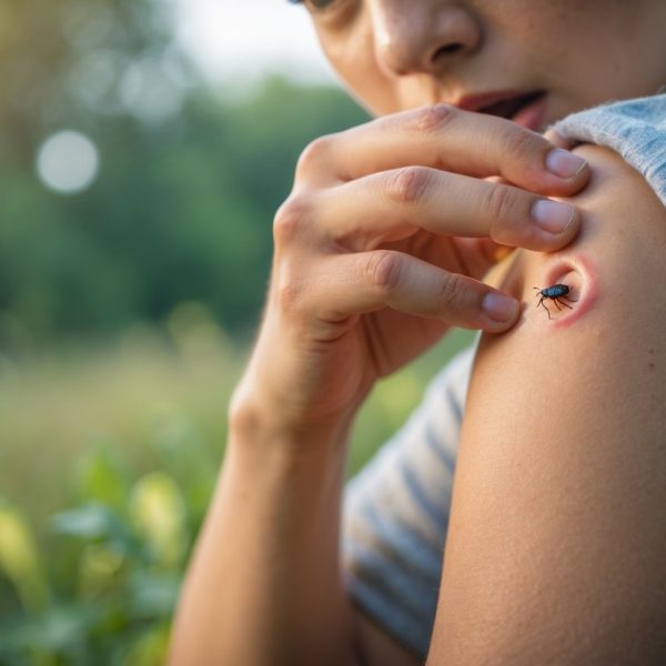 Pessoa olhando preocupada para uma picada de inseto vermelha e inchada no braço em ambiente ao ar livre.