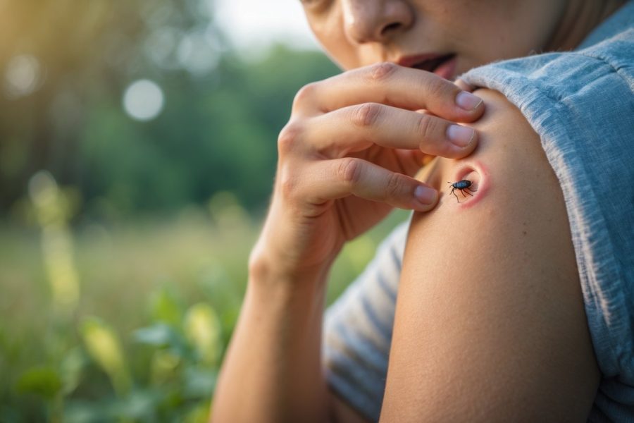 Pessoa olhando preocupada para uma picada de inseto vermelha e inchada no braço em ambiente ao ar livre.