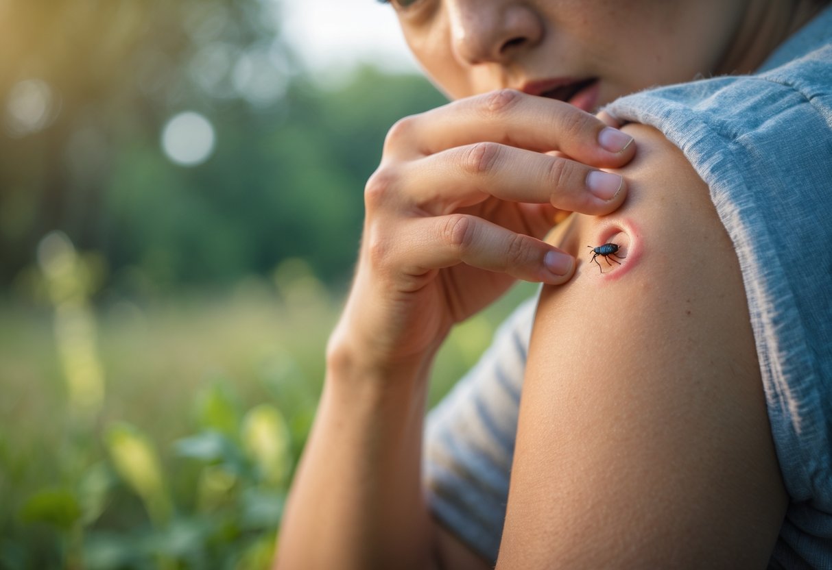 Pessoa olhando preocupada para uma picada de inseto vermelha e inchada no braço em ambiente ao ar livre.
