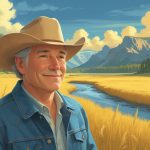 Um homem de meia-idade em um campo aberto com montanhas e um rio ao fundo.