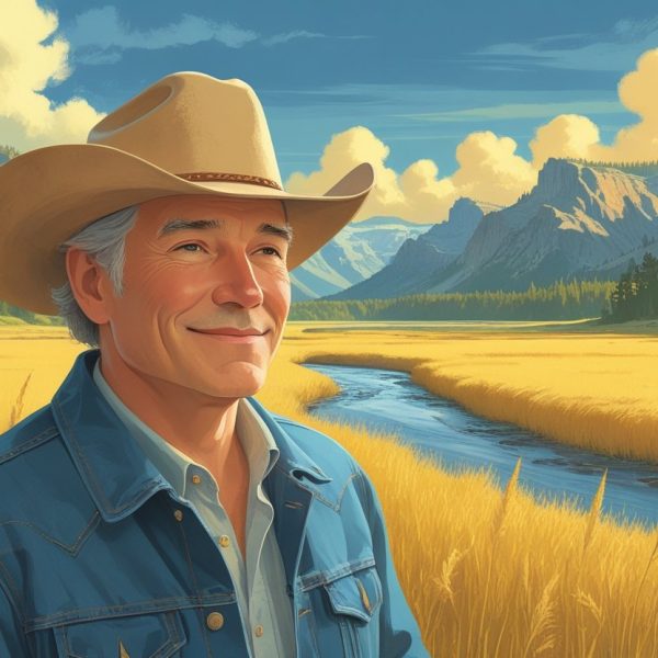 Um homem de meia-idade em um campo aberto com montanhas e um rio ao fundo.