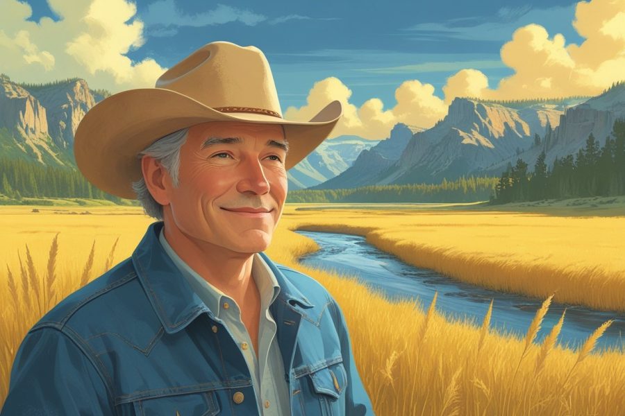 Um homem de meia-idade em um campo aberto com montanhas e um rio ao fundo.