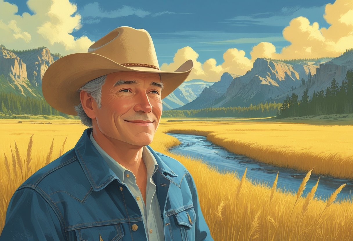 Um homem de meia-idade em um campo aberto com montanhas e um rio ao fundo.