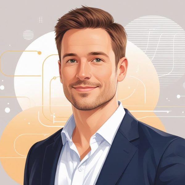 Retrato de um homem de aproximadamente 35 anos com cabelo castanho curto e barba rala, vestindo camisa branca e blazer azul, com fundo abstrato que sugere tecnologia.