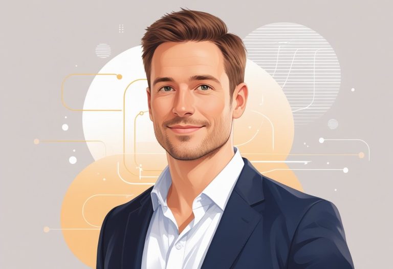 Retrato de um homem de aproximadamente 35 anos com cabelo castanho curto e barba rala, vestindo camisa branca e blazer azul, com fundo abstrato que sugere tecnologia.