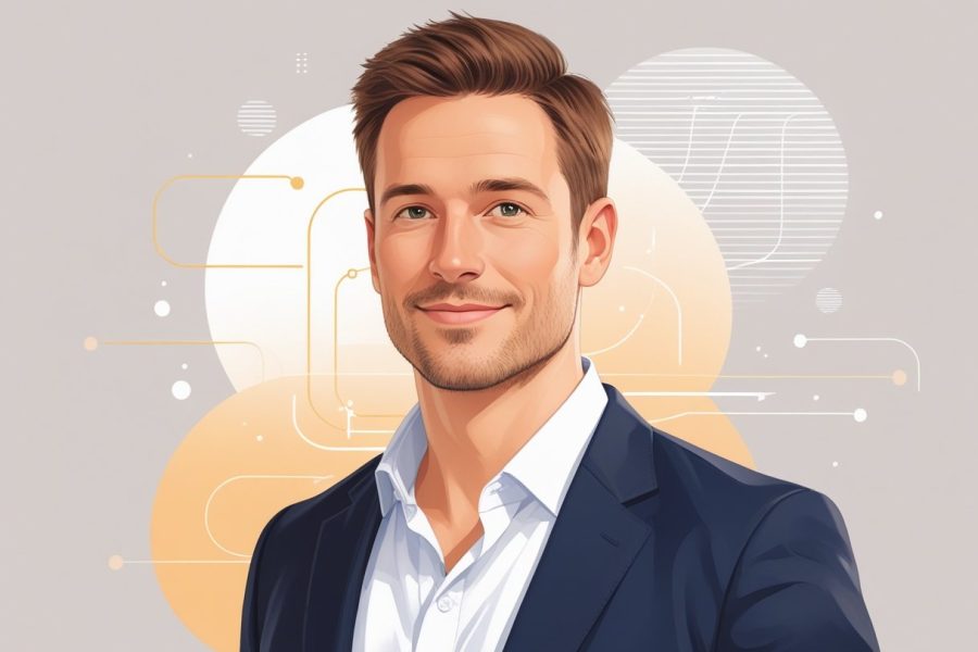 Retrato de um homem de aproximadamente 35 anos com cabelo castanho curto e barba rala, vestindo camisa branca e blazer azul, com fundo abstrato que sugere tecnologia.