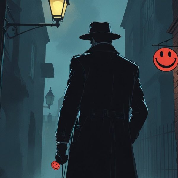 Cena noturna em um beco urbano com um homem misterioso segurando um emblema vermelho em forma de sorriso, cercado por sombras e névoa.