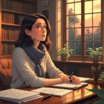 Uma mulher jovem sentada em uma mesa de madeira em um ambiente de estudo com estantes de livros e plantas, olhando pensativa para o lado.