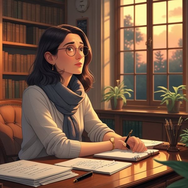 Uma mulher jovem sentada em uma mesa de madeira em um ambiente de estudo com estantes de livros e plantas, olhando pensativa para o lado.