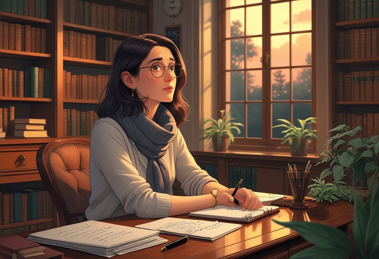 Uma mulher jovem sentada em uma mesa de madeira em um ambiente de estudo com estantes de livros e plantas, olhando pensativa para o lado.