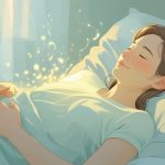 Pessoa dormindo tranquilamente com um brilho suave saindo do peito, simbolizando leite fluindo delicadamente.