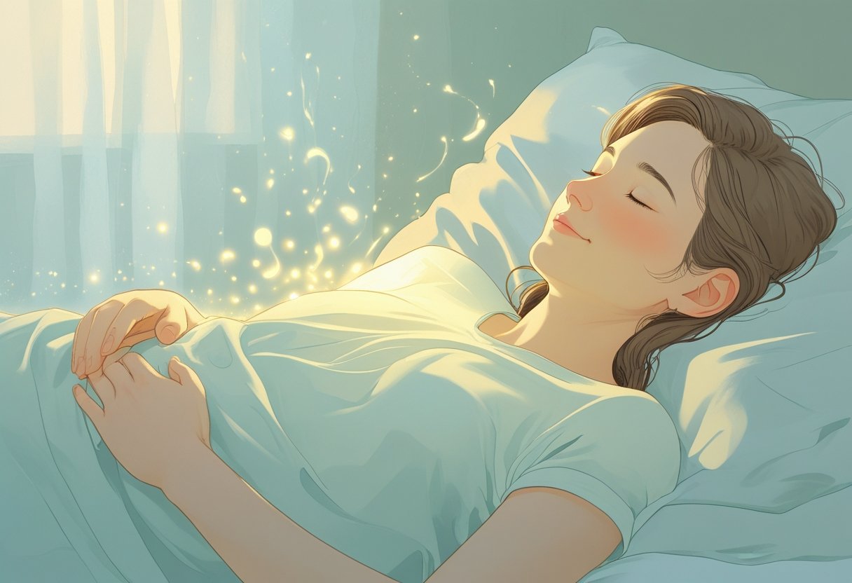 Pessoa dormindo tranquilamente com um brilho suave saindo do peito, simbolizando leite fluindo delicadamente.