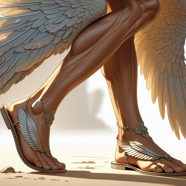 Pés do deus Mercúrio com asas presas às sandálias.