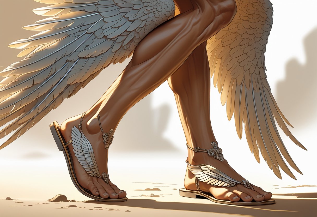 Pés do deus Mercúrio com asas presas às sandálias.