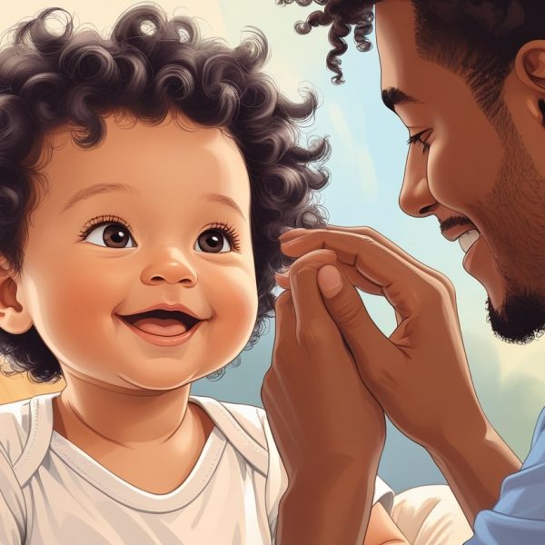 Bebê sorrindo com cabelo cacheado sendo tocado com cuidado por um adulto.