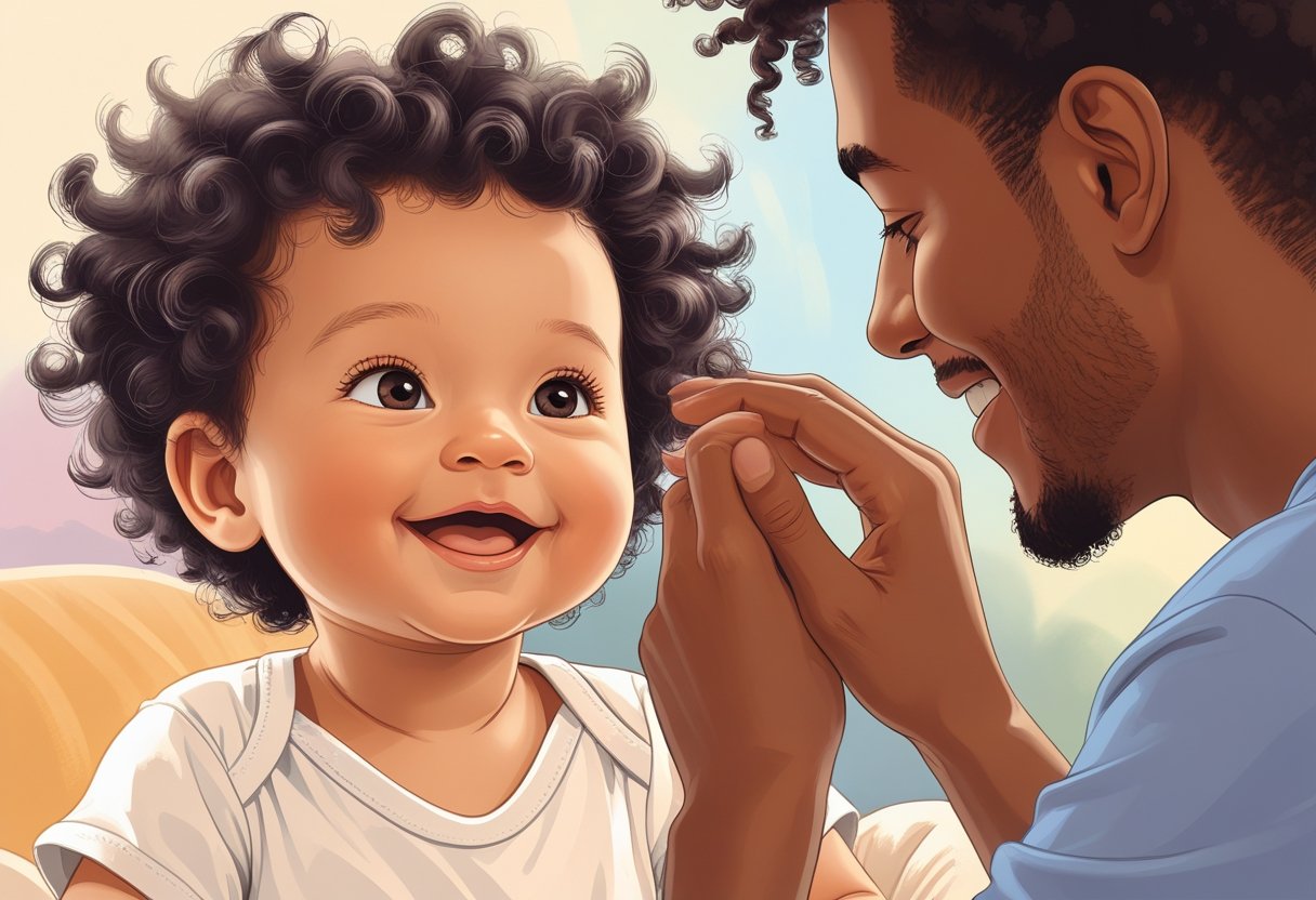 Bebê sorrindo com cabelo cacheado sendo tocado com cuidado por um adulto.